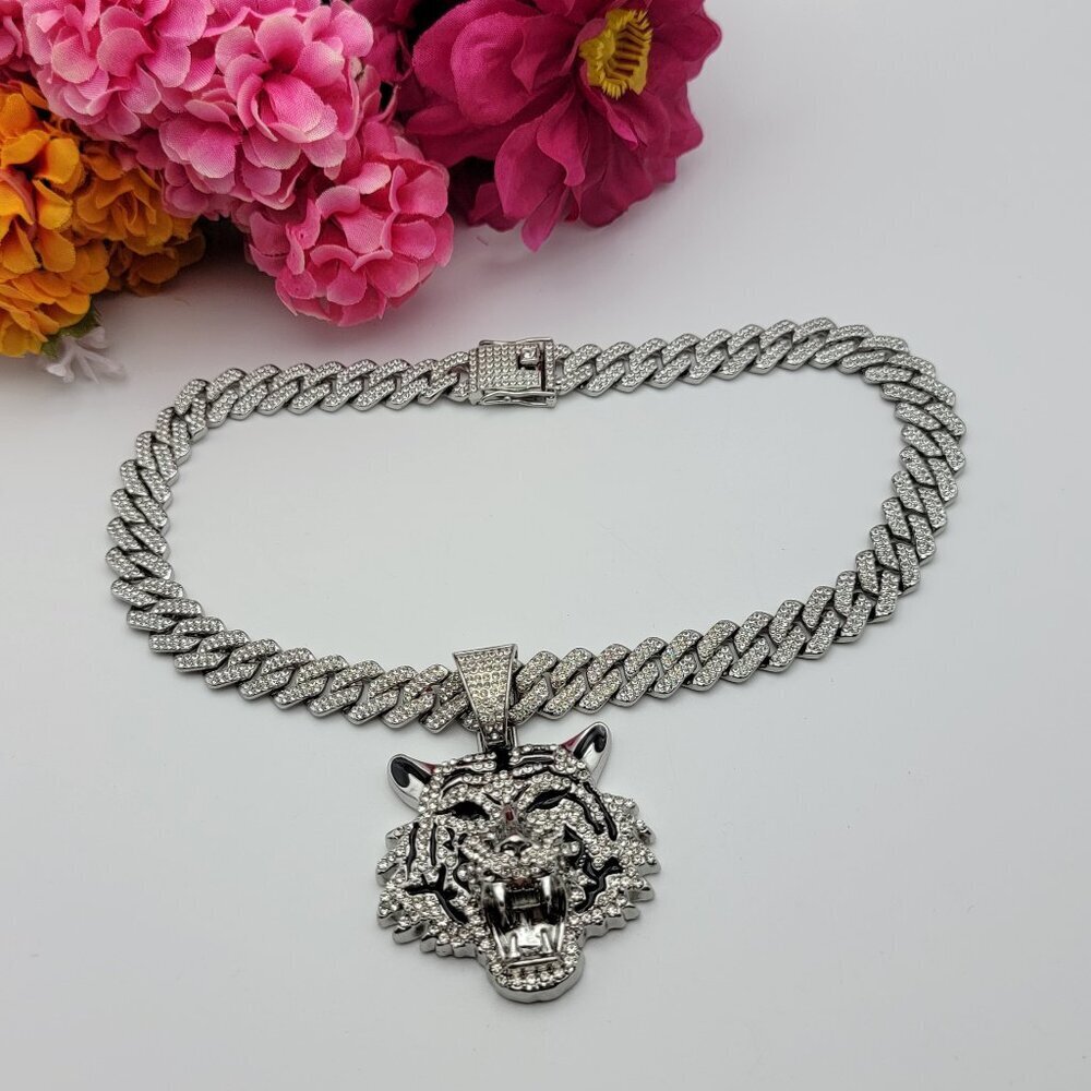 Silver Tone Clear Crystal Tiger Pendant Iced Out Statement Necklace 18" Hip Hop